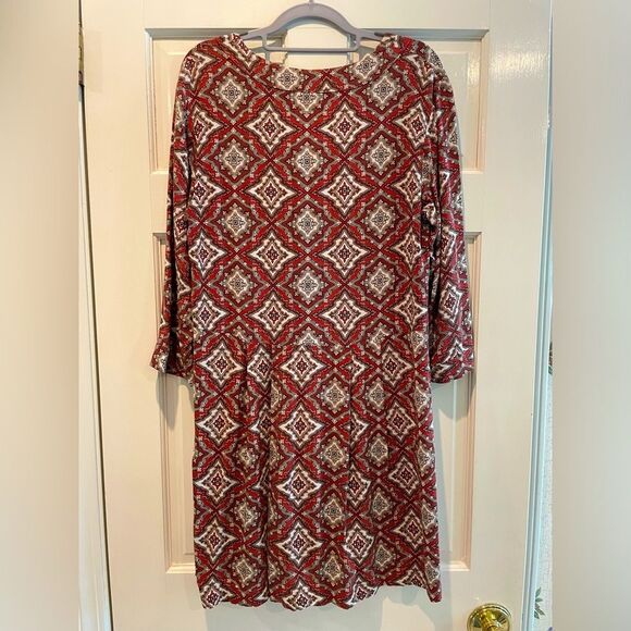 H&M V-Neck Abstract Print Midi Dress 3/4 Sleeve Rust Red Tan Women’s Size 2 - Picture 5 of 8